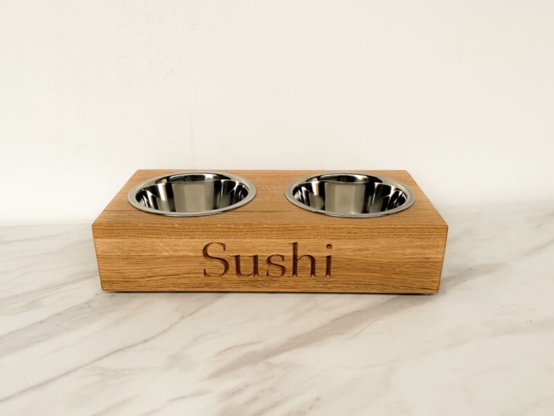 Solid Oak Personalised Dog Bowl Feeder