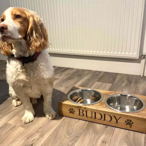 Our Little Red Barn | Large Personalised Pine Dog Bowl Feeder