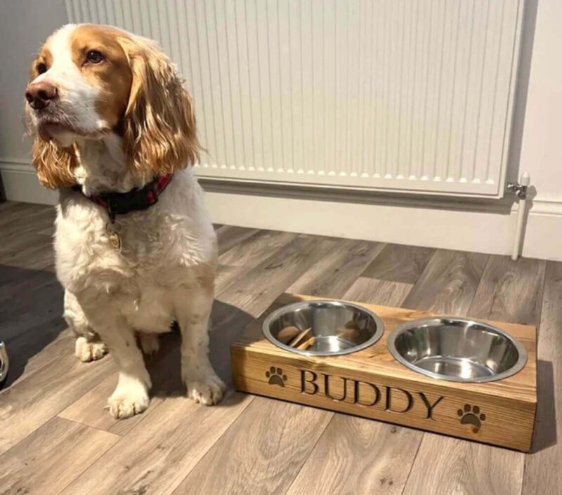 Our Little Red Barn | Large Personalised Pine Dog Bowl Feeder