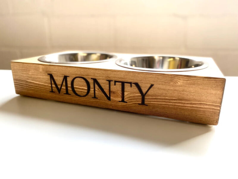 Our Little Red Barn | Large Personalised Pine Dog Bowl Feeder