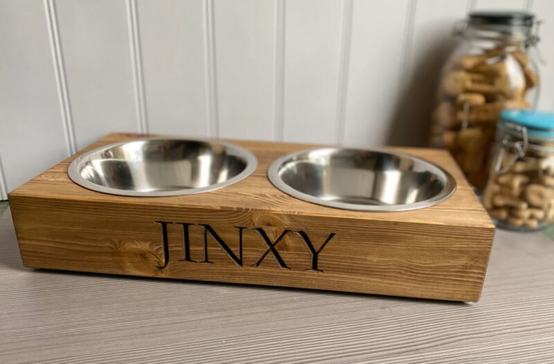 Our Little Red Barn | Large Personalised Pine Dog Bowl Feeder