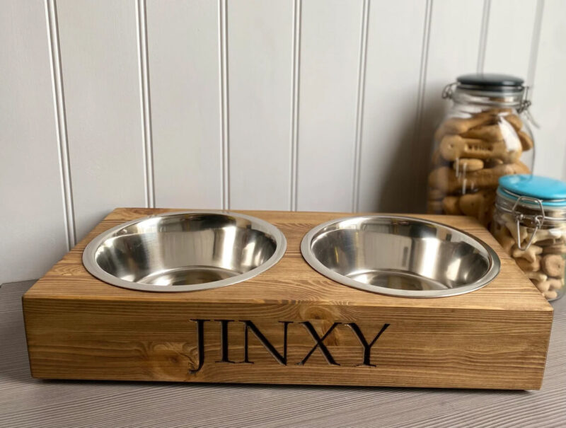 Our Little Red Barn | Large Personalised Pine Dog Bowl Feeder