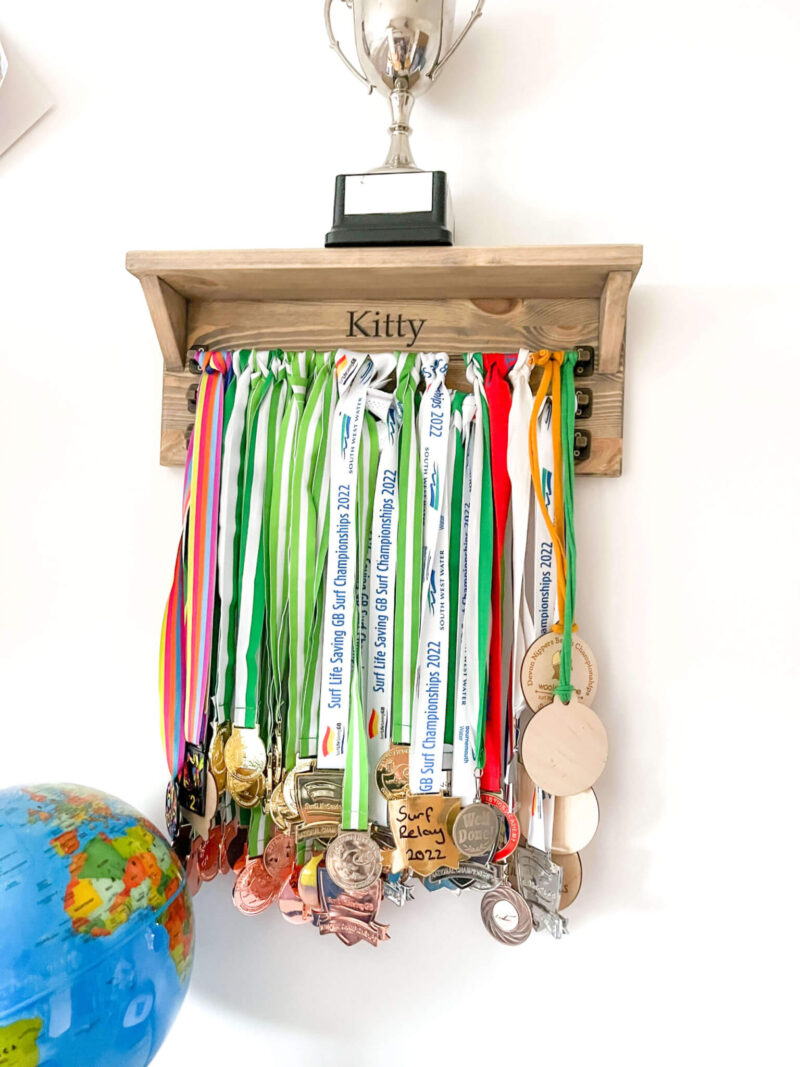 Personalised Pine Medal Display Rail With Shelf