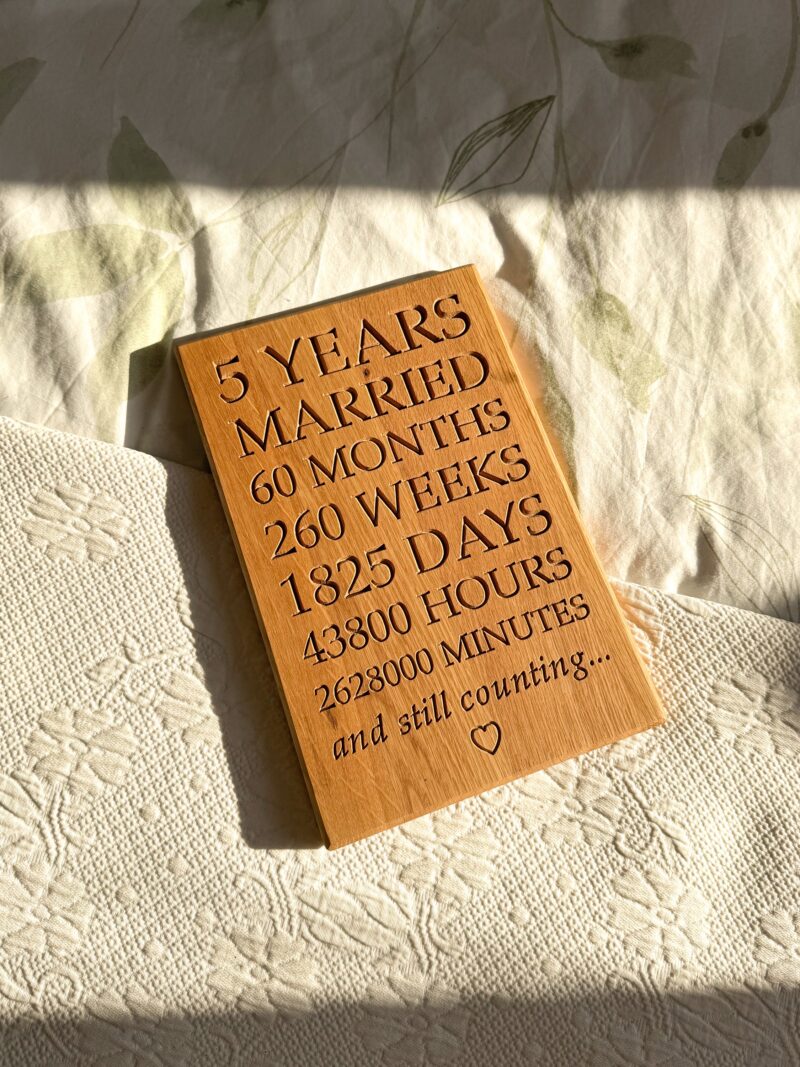 5 Year Solid Oak Anniversary Plaque